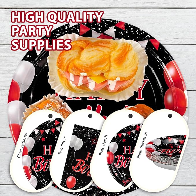Grencian 96Pcs Red and Black Birthday Party Decorations Red and Black Plates and Napkins Disposable Happy Birthday Tableware Set for Men Women Birthday Party Supplies, Serves 24