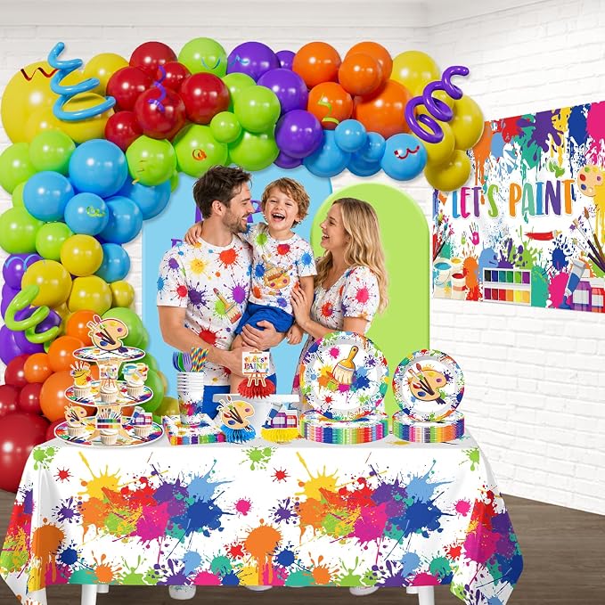 285PCS Paint Party Decorations, All-in-One Art Birthday Party Decorations with Balloon Garland, Backdrop, Tableware, Banner, Tablecovers, Cake Toppers, Serves 25