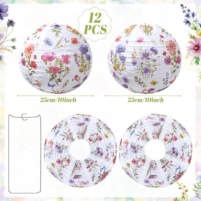 Honoson 12 Pcs Wildflower Paper Lanterns Spring Floral Wildflower Party Decorations Hanging 10 Inch Chinese Lanterns for Wedding Bridal Shower Baby Shower Tea Party Decorations
