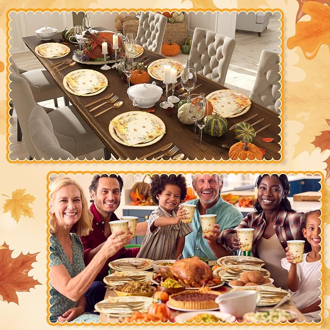 Honeydak 210 Pcs Fall Party Supplies for 30 Guests, Includes Plates, Cups, Napkins, Cutlery - Autumn Pumpkin Maple Tableware Decoration for Thanksgiving, Fall Harvest Party