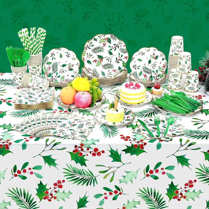 Funnymoom 452 Pcs Christmas Party Supplies for 50 Guest, Holly Berry Leaves Holiday Xmas Paper Plates Napkins Cups Tablecloth Cutlery Straws Disposable Tableware for Merry Christmas Party Decorations