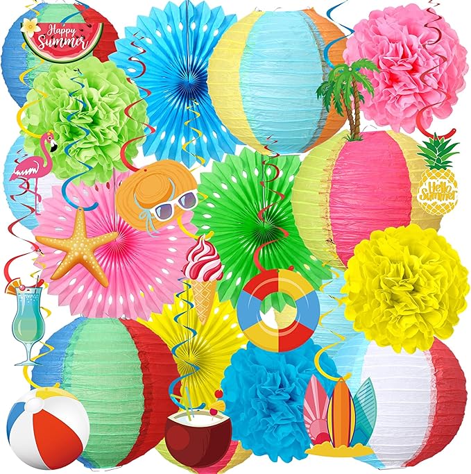 Crtiin 28 Pcs Beach Party Decorations Paper Lanterns Pom Poms Fans Spiral Cardboard Hanging Ornaments Hawaiian Tropical Themed Decor for Summer Pool Beach Birthday Party Supplies