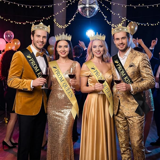 Retrowavy 4 Pcs Prom King and Queen Crown Set with Sashes Prom King Queen Sash and Tiara Set for 2026 Grad Birthday Carnival Wedding Costume Accessories(Gold)