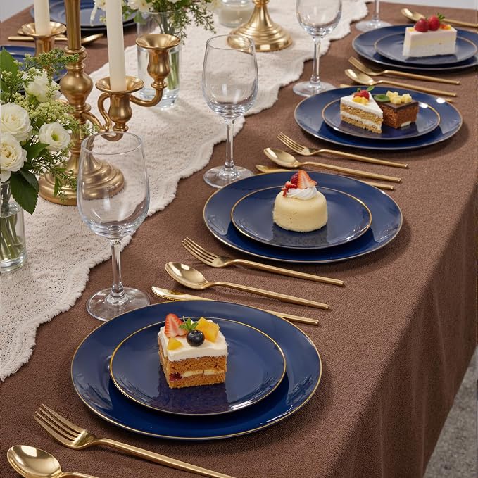 bUCLA 200PCS Blue Plastic Plates - Navy Blue Disposable with Gold Rim Include 100 Each (10 inch Dinner & 7 inch Dessert) Plates, Ideal for Party & 4th of July