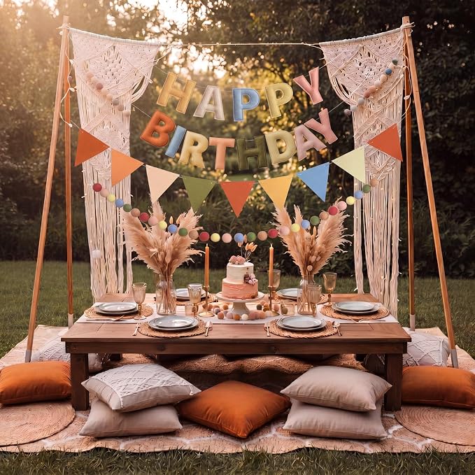 Pre-Strung Happy Birthday Banner Boho Reusable Felt Birthday Party Decorations 3D Effect HappyBirthday Sign with Felt Ball Garland, Pennant Flag for Men Women Boy Girls