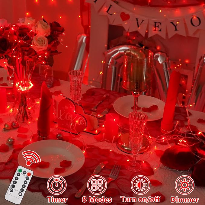 YEGUO Battery Operated String Lights, 2 Pack Each 33ft 100 LED Twinkle Fairy Lights Outdoor Waterproof, 8 Modes Clear Wire Red Christmas Lights Indoor with Remote