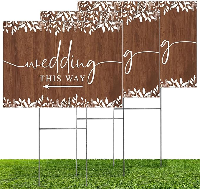 3 Pack 14.5” x 10.5” Wedding This Way Signs Double Sided Printed Wedding Direction Sign with Stakes for Ceremony Reception Lawn Yard Direction Arrow Signs Exquisite Plastic Rainproof Party Supplies,Rustic