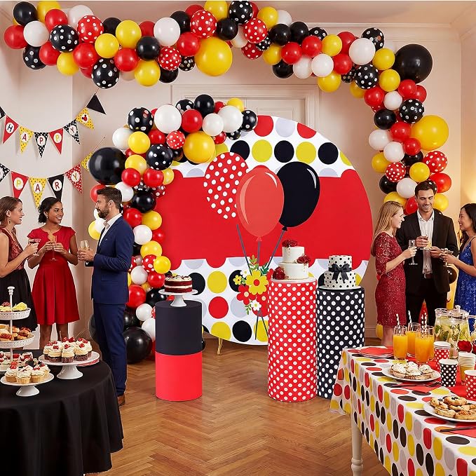 146 Pcs Cartoon Mouse Arch Backdrop Cover Cylinder Stand Covers balloons set for party Photo Props 7.2 feet Polka Round Backdrop Covers for Birthday Baby Shower Ceremony Party Decor