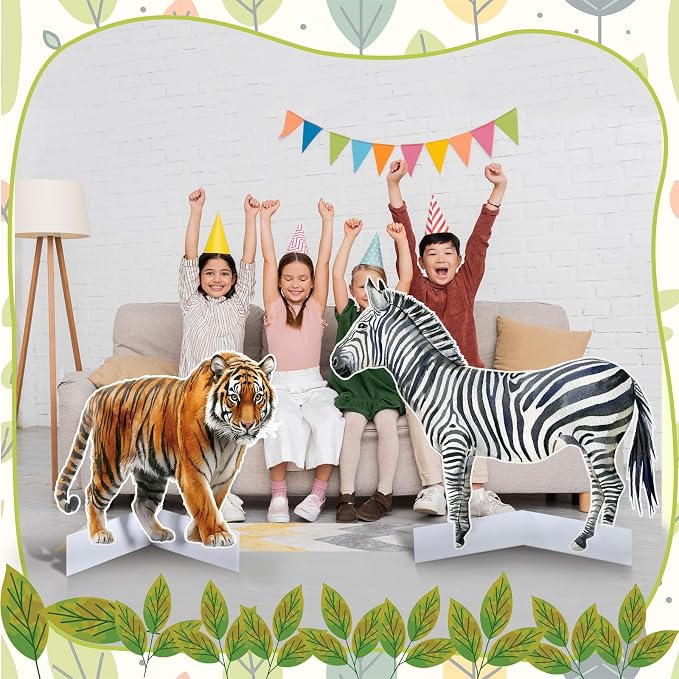 Amyhill 3 Pcs Jungle Safari Animal Cardboard Cutout Standup Life Size Safari Birthday Party Decorations Tiger Giraffe Zebra Cardboard Cutouts for Baby Shower Birthday Party Photo Backdrop Favors