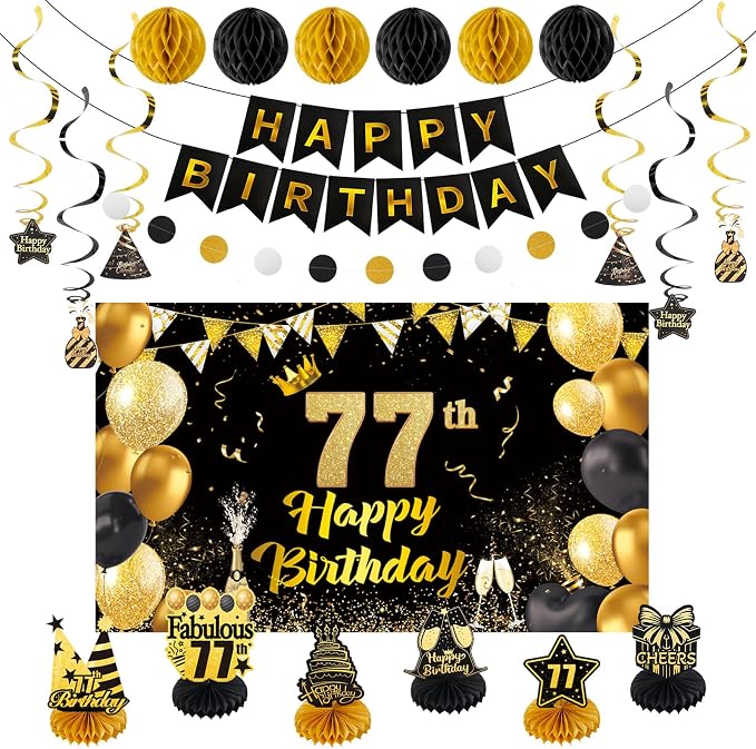 Happy 77th Birthday Party Decoration: Including Birthday Banner Backdrop, Party Table Centerpieces and Hanging Swirl Party Streamers, Birthday Decor for Men and Women (Gold/Black, 77th Birthday)