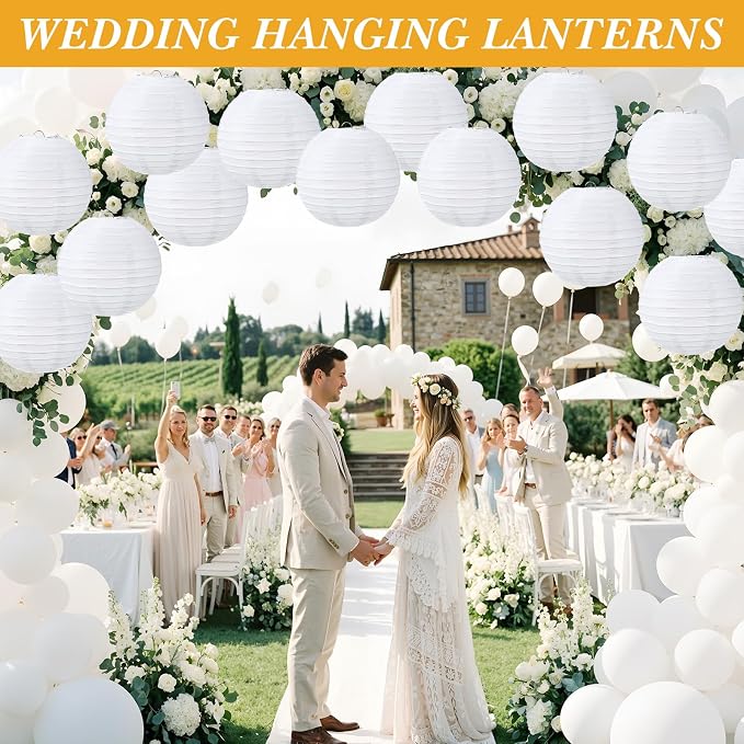Treela 48 Pack White Chinese Japanese Paper Lanterns Decorative Hanging Round Paper Lantern Lamps for Wedding Birthday Party Decorations (8 Inch)