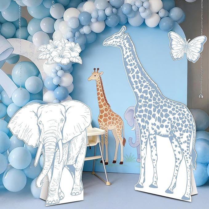 4PCS Blue Jungle Animal Cardboard Standee Set, Giraffe Elephant Cardboard Standee Cutouts, Safari Baby Shower Decorations for Birthday, Gender Reveal