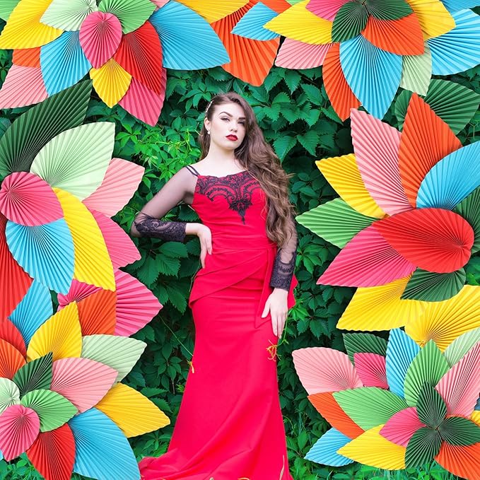MotiMind 40 Pcs Mexican Paper Fans Party Decorations Hawaiian Paper Palm Leaves Fiesta Vibrant Colorful Fans Backdrop Decor for Carnival Party Supplies Birthday Wall Photo Props