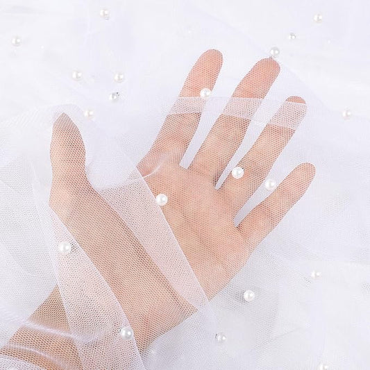 6 Yards White Tulle Fabric Pearl Beaded Tulle Fabric for DIY Wedding Dress Bridal Veil Tablecloth Birthday Decor