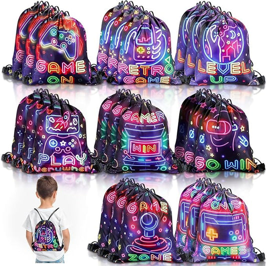 Huhumy 24 Pcs Video Game Party Favor Neon Game Drawstring Bags 12 x 10 Inch Video Theme Gifts Goodie Treat Candy Bags Party Supplies for Boys Girls for Kid Birthday