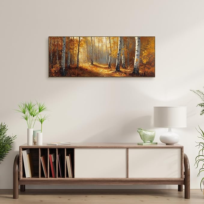 TLESKE Vintage Orange Fall Birch Tree Forest Large Wall Art Decor Framed 15x40, Rustic Farmhouse Autumn Canvas Wall Art Print for Bedroom Living Room, Fall Nature Wall Artwork Picture