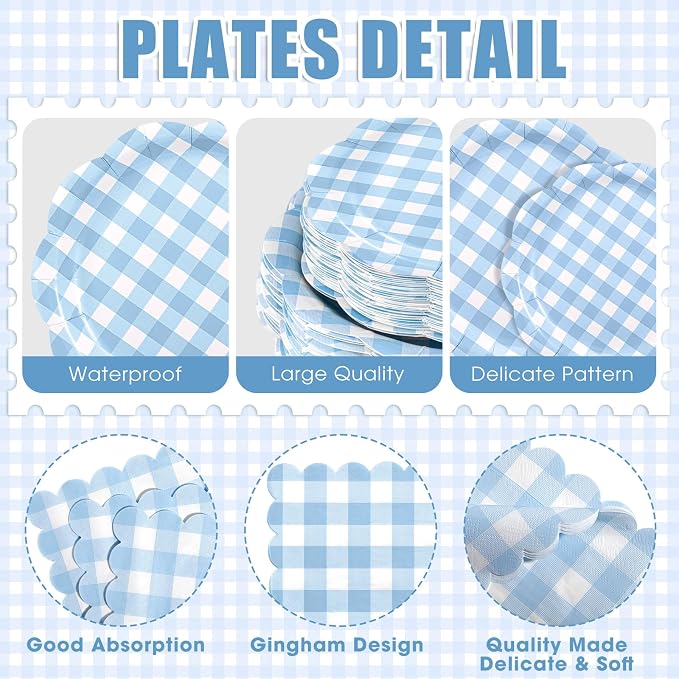 Funnymoom 400 Pcs Gingham Party Supplies for 50 Guests Light Blue and White Paper Plates and Napkins Knives Spoon Fork Cup Disposable Checkered Dinner Party Set Cutlery for Baby Shower Wedding Favor