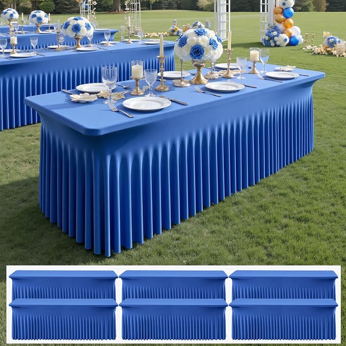 6 pk Royal Blue Spandex Tablecloths 8ft with Ruffle Table Skirt, Wrinkle Free Stretchy Fitted Tablecloth for 8 Foot Rectangle Tables, Elastic Spandex Table Covers 8ft for Party Wedding Banquet