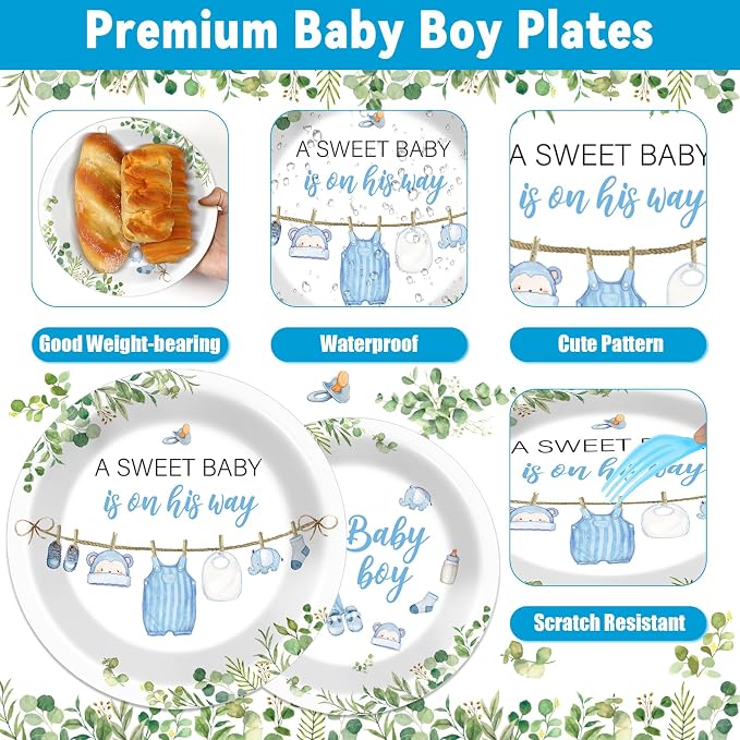 200Pcs Greenery Baby Shower Plates and Napkins Decoration Watercolor Blue Party Tableware Dinnerware Set A Sweet Boy Is On His Way Paper Plates for Baby Boy Gender Reveal Party Supplies Serve 50