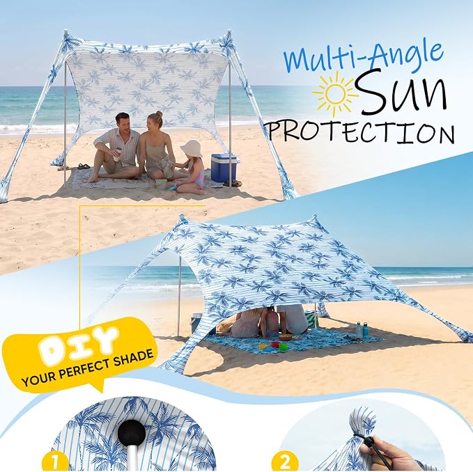 Sekey Aluminum Beach Shade Sun Shelter UPF 50+ - 6.5x6.5 FT Portable Beach Canopy with Windproof Rope & Stability Poles, Easy Setup Outdoor Tent for Camping, Backyard, Fishing, Picnics