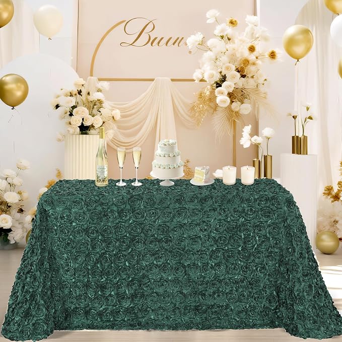 B-COOL Dark Green Rosette Tablecloth Rectangular Satin Table Covers 90x156 Inch 3D Floral Table Overlay for Party Wedding Holday Prom Ceremony Decor