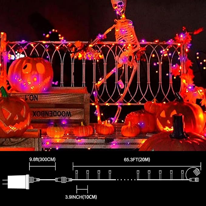 LAMPHOME 66ft Halloween Decorative Mini Lights, 200 LED Transparent Wire Fairy Starry String Lights Plug in, 16 Lighting Modes, for Halloween Decoration Outdoor Party Decoration (Orange and Purple)