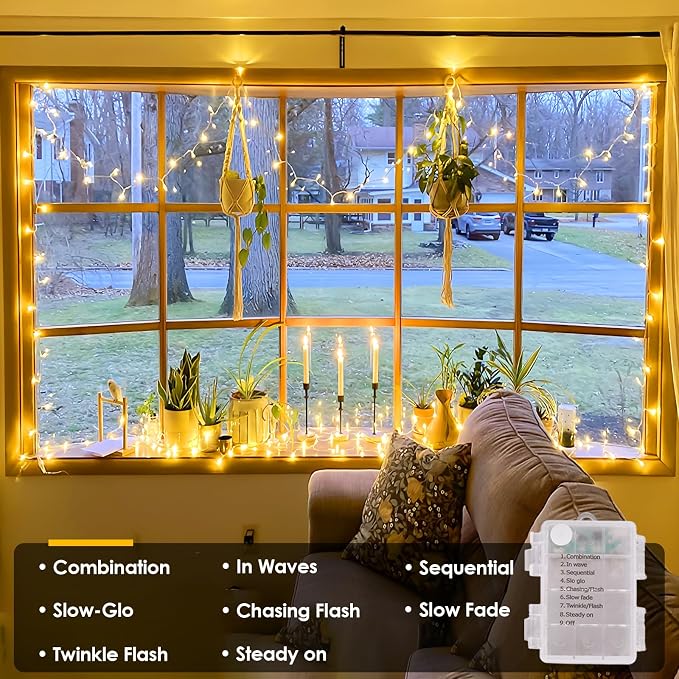 QITONG 2 Pack Battery Operated String Lights, Each 33ft 100 LED Warm White Christmas Lights Outdoor Waterproof, 8 Modes Clear Wire Twinkle Fairy Lights Indoor with Remote