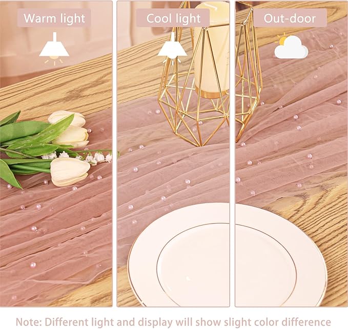 12 Pack 10FT Pearl Table Runner 30x120 Inch Dusty Pink Tulle Fabric Boho Rustic Sheer Table Runners Lace Table Cloth for Wedding Bridal Shower Birthday Party Arch Veil Dessert Table Decor (Dusty Pink)