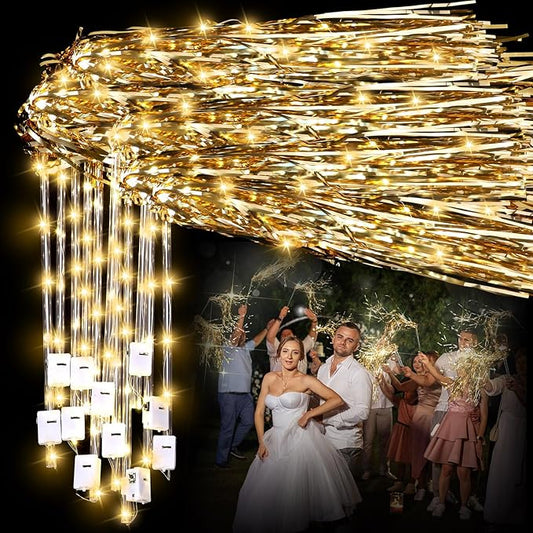 Simgoing 48 Pcs Lighted Wedding Fairy Wands LED Foil Tinsel Wedding Sticks LED Light Up Stick Glow in The Dark Flashing Wands Sparklers for Birthday Party Favors(Gold)
