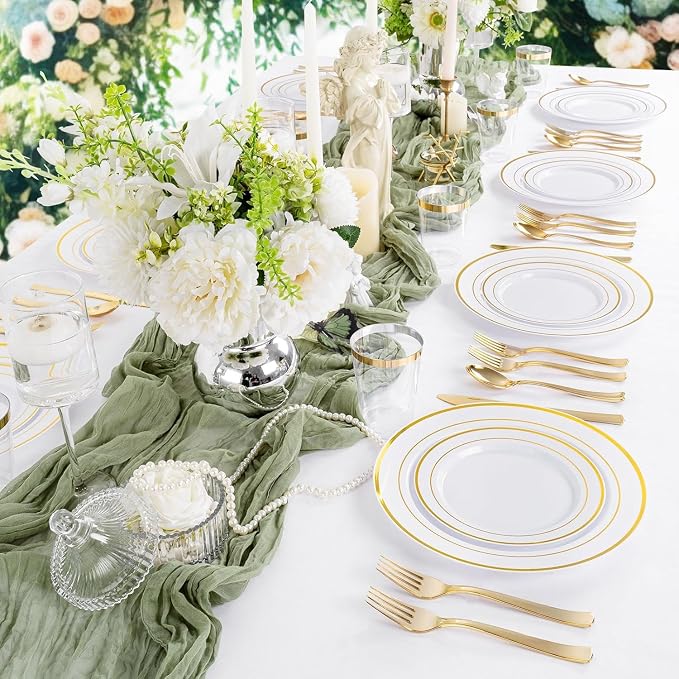 Supernal 60PCS Gold Plastic Dinnerware Set (Service for 12 Guests) - Heavy Duty White Gold Plates with Disposable Silverware for Graduation Party, Summer Wedding, BBQ & Birthday