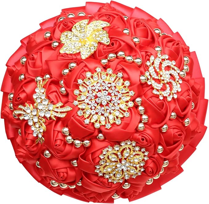 Red Bridal Wedding Bouquet Luxury Gold Rhinestone Brooch Bouquet for Bride Bridesmaid Quinceanera Satin Red Rose Artificial Flower Bouquet Wedding Red 9.5in