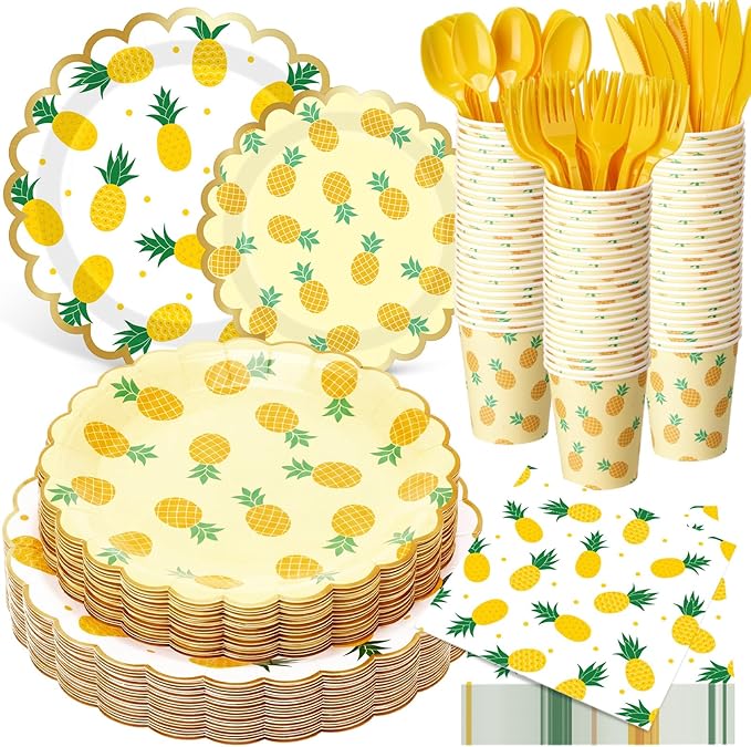 Funnymoom 400 Pcs Pineapple Party Supplies for 50 Guest Summer Fruit Disposable Plates Napkin Cup Spoon Fork Knives for Outdoor Picnic Birthday Baby Bridal Shower Holiday Party Supplies
