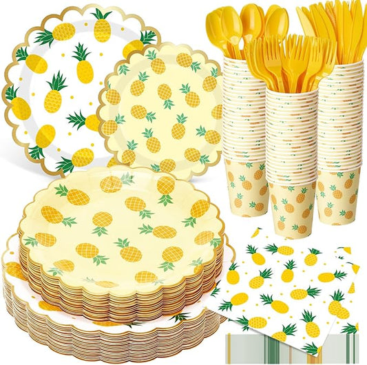 Funnymoom 400 Pcs Pineapple Party Supplies for 50 Guest Summer Fruit Disposable Plates Napkin Cup Spoon Fork Knives for Outdoor Picnic Birthday Baby Bridal Shower Holiday Party Supplies
