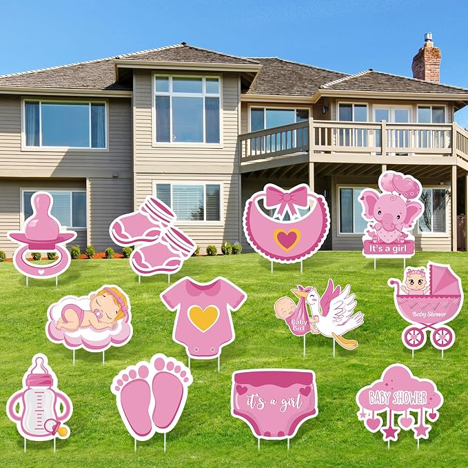 12 Pcs Baby Shower Yard Sign with Stake Gender Reveal Yard Sign Pink Stork Elephant Lawn Decoration Its a Girl Lawn Decor Welcome Baby Girl Announcement Decor for Outdoor Gender Reveal Party