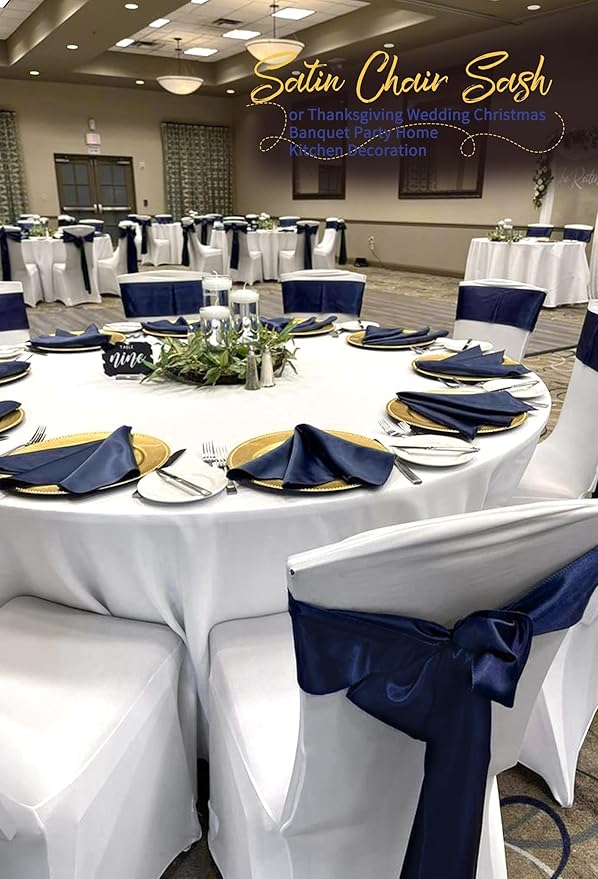 120 PCS Navy Blue Satin Chair Sashes, Ties Bows Designed Chairs Decorative, Chair Cover Sashes for Thanksgiving Wedding Christmas Banquet Party Home Kitchen Decoration (7 x 108 inch)