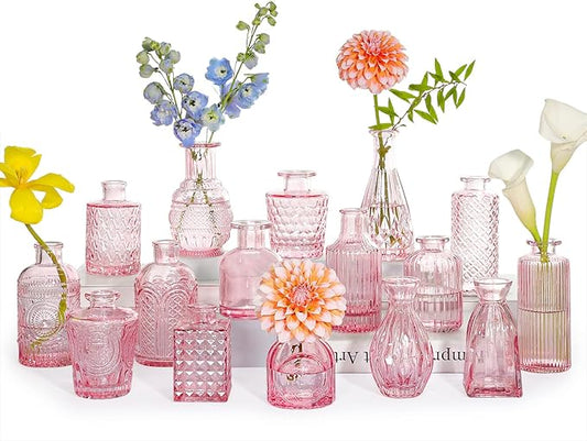 SUPMIND Glass Bud Vase Set of 16, Small Pink Flower Vases for Table Centerpieces in Bulk, Cute Mini Vintage Vase for Wedding, Home Decor, Table Decoration