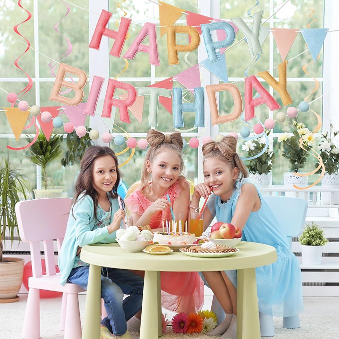 Kriyokiaa Pre-Strung Felt Happy Birthday Banner Retro Pastel Happy Birthday Party Decorations with Pom Pom Garland, Flag and Hanging Swrils for Women Girls Party Decor