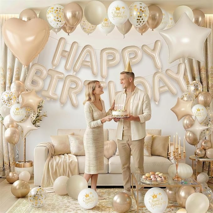 Boho Cream Beige Birthday Decorations for Women Neutral Nude Sand White Champagne Gold Print Balloons Gold Confetti Balloon Happy Birthday Banner Heart Balloons Star Balloon for Bday Party Supplies