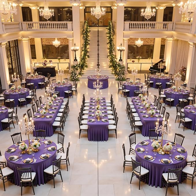 6 Pack Purple Spandex Table Clothes for 8 Foot Rectangle Tables, Wrinkle Free Fitted Table Cover 8ft Stretch Tablecloths Desk Skirt for Parties Weddings Birthday Banquet Baby Shower