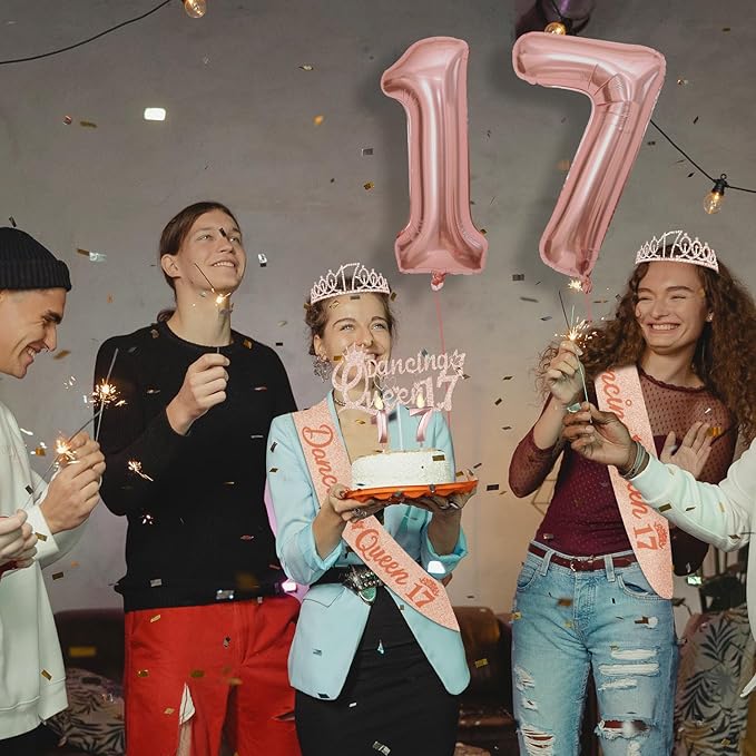 Dancing Queen Party Decorations 17 with Dancing Queen Sash and Tiara, Cake Topper and Candles, Number Balloons, 17th Birthday Decorations for Girls, 17 Year Old Gifts for Girls