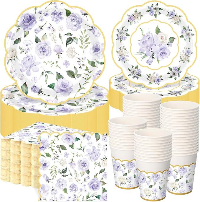 Funnymoom 250 Pcs Floral Party Decoration Flower Paper Plates Napkins and Cups Purple and Gold Floral Disposable Tableware Set for Bridal Shower Baby Shower Wedding Spring Tea Party Supplies Serves 50