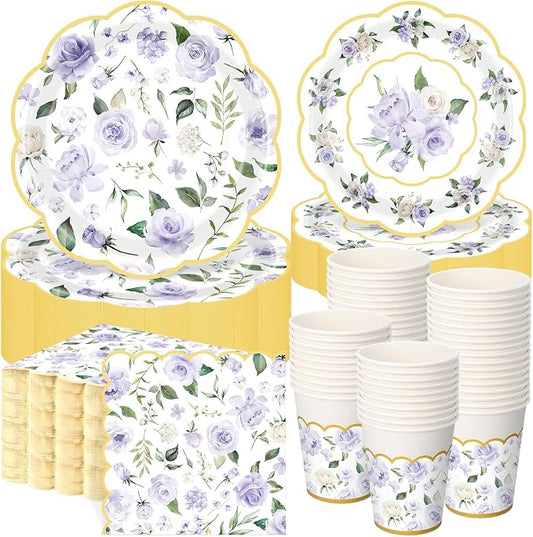 Funnymoom 250 Pcs Floral Party Decoration Flower Paper Plates Napkins and Cups Purple and Gold Floral Disposable Tableware Set for Bridal Shower Baby Shower Wedding Spring Tea Party Supplies Serves 50