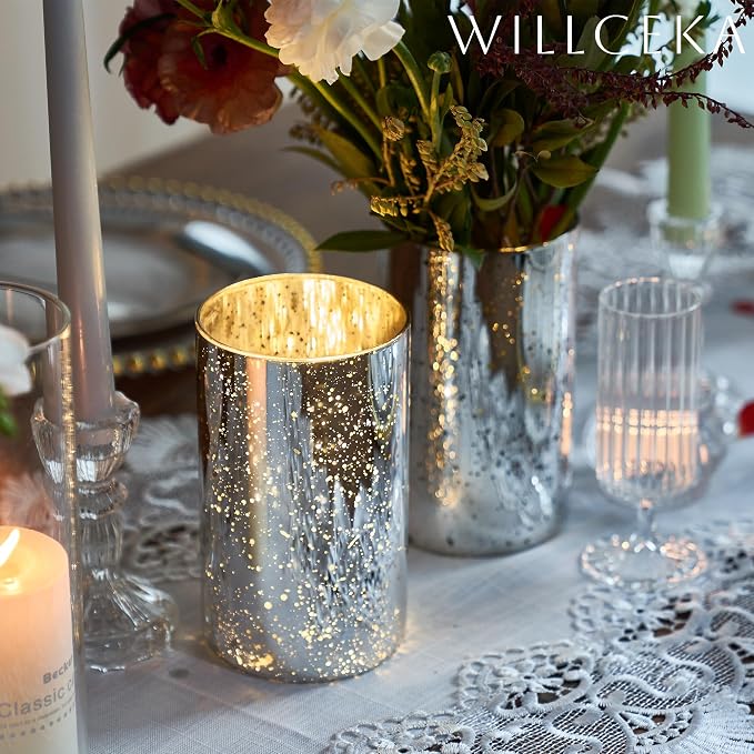 Willceka Silver Cylinder Vases for Centerpieces, Modern Glass Vase Set of 12 Decorative Hurricane Candle Holder for Pillar Candle Holders Flowers for Table Centerpiece, Sliver