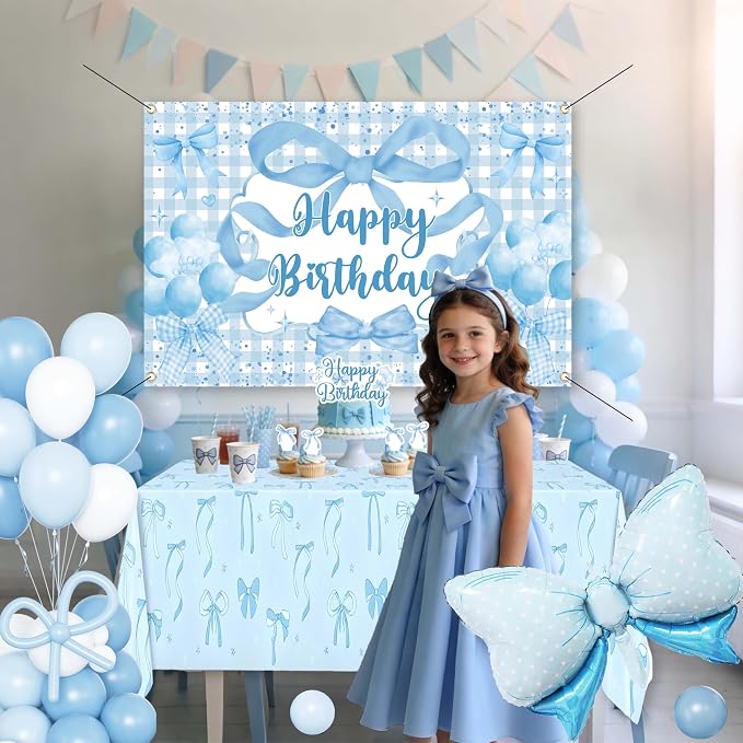 Blue Bow Birthday Decorations for Girls, Coquette Party Supplies with Gingham Backdrop, Tablecloth, Cake Toppers, Giant Foil Bow, Pastel Blue Balloon Arch Kit for Soft Girl Bday Photo Prop