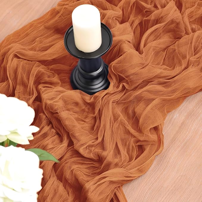 Joanlody Terracotta Cheesecloth Table Runner Spring Summer 10Ft Rustic Gauze Boho Cheese Cloth Table Runner for Wedding Bridal Baby Shower Decoration