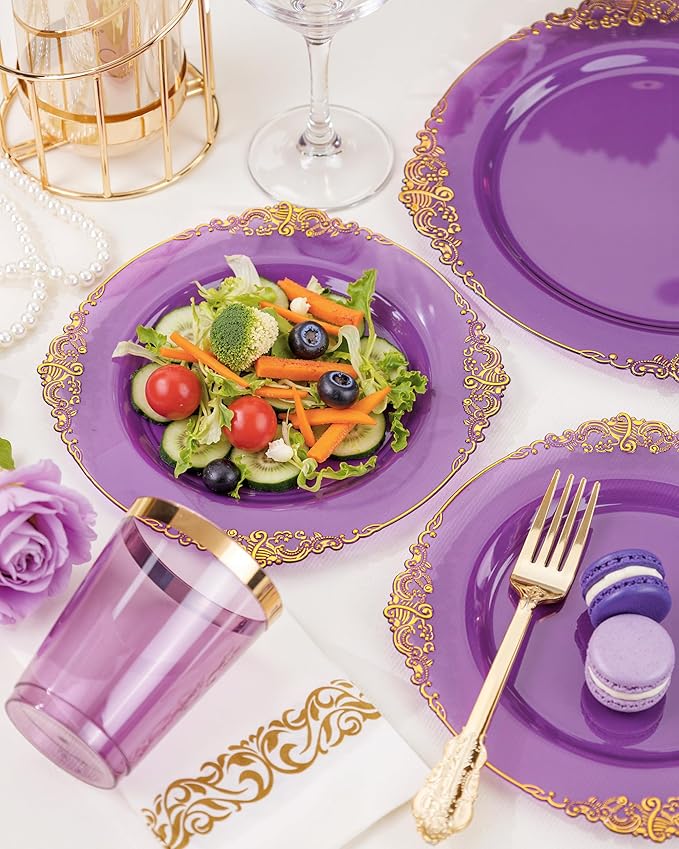Nervure 175PCS Clear Purple Plastic Plates - Purple Party Plates Set for 25 Guests Include 25Dinner Plate, 25Dessert Plate, 25Cups, 75 Cutlery, 25Napkins Perfect for Wedding, Party & Bridal