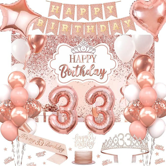 33rd Birthday Decorations for Women, 52pcs Sweet Rose Gold Happy 33 Birthday Decorations Including 33rd Rose Gold Crown, Sash, Banner, Background for 33 Party Decorations Set
