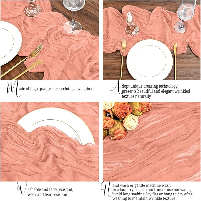 12 Pack Coral Table Runner 10Ft Cheesecloth Table Runner Rustic Gauze Table Runners Romantic Long Sheer Fabric Cheese Cloth Table Runners for Wedding Party Bridal Baby Shower