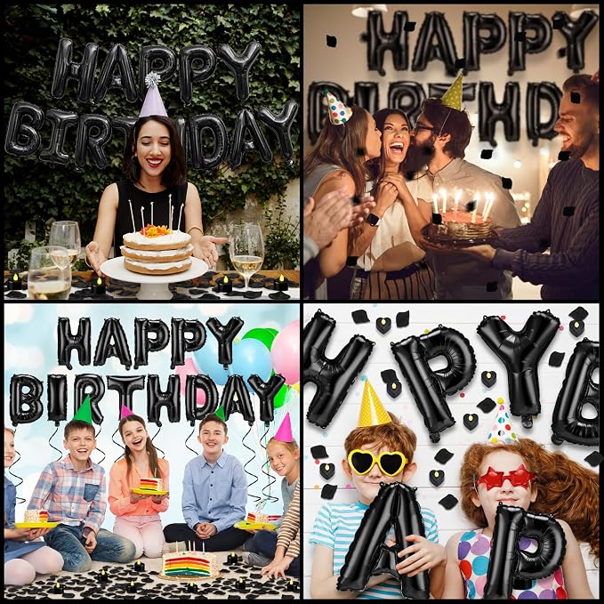 Black Happy Birthday Balloons Decorations Happy Birthday Letter Balloons Banner Set with 24pcs Heart Flameless LED Candles and 2000pcs Artificial Rose Petals for Women Men Room Party Decor