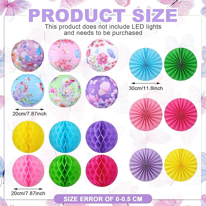 Retisee 18 Pcs Spring Tea Party Decoration Butterfly Floral Hanging Paper Lantern Pastel Honeycomb Fans Honeycomb Ball for Garden Spring Teacups Pink Purple Party Ceiling Decor Supplies